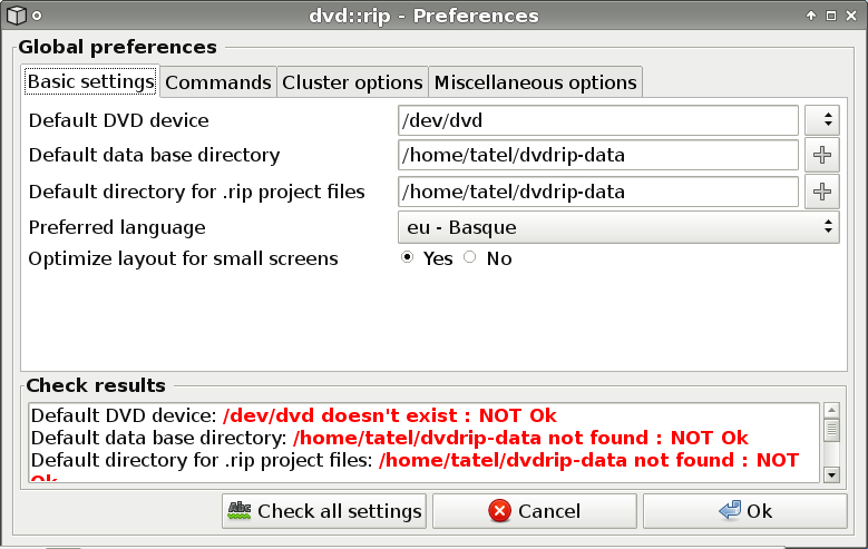 Preferencias básicas de dvd::rip