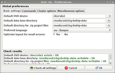 Las preferencias de dvd::rip una vez ajustadas
