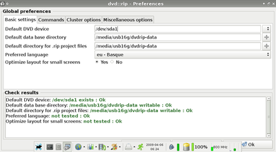 Las preferencias de dvd::rip ajustadas a mi asus eeepc